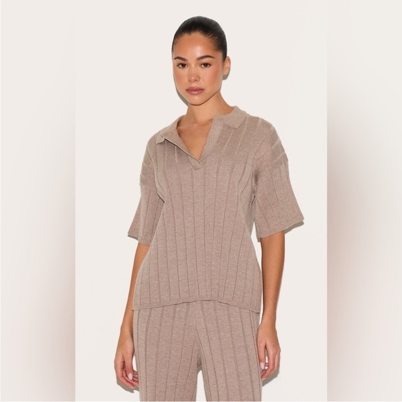 Women's Tan Knit Set pants and collared top - Picture 2 of 5